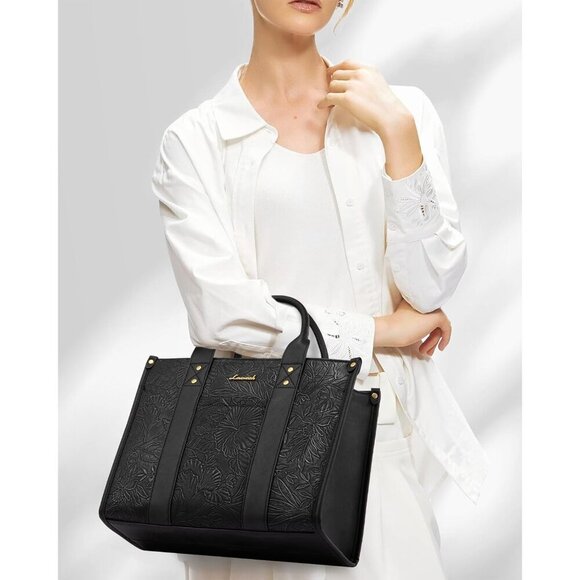 Women Jet Black Imported Faux Leather Satchel Shoulder Crossbody Top Handle Bag - Picture 2 of 6